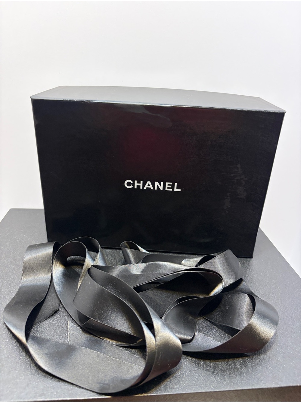 CHANEL Black Satin Ribbon and Signature Box 10 1/2 x 7x 4